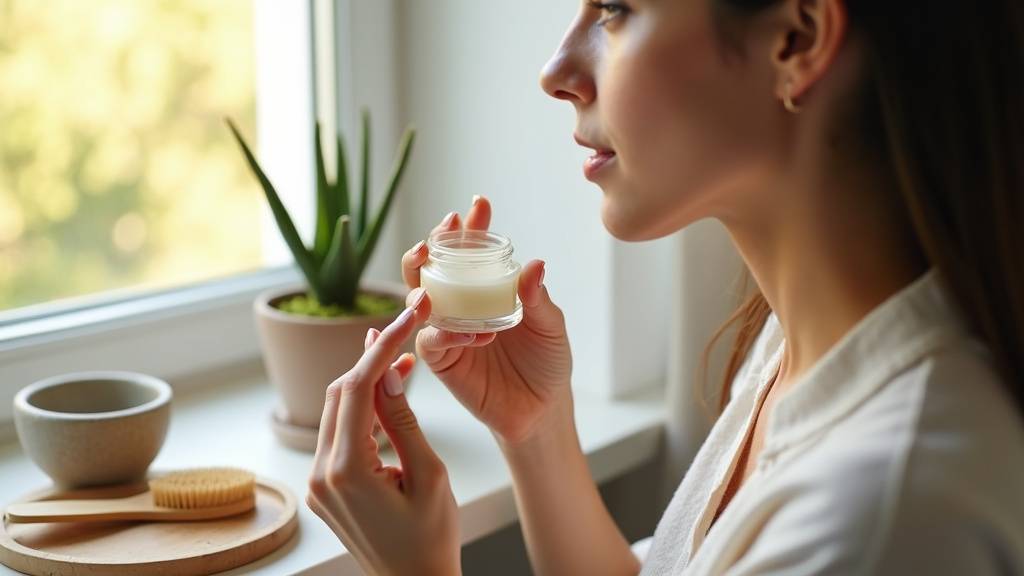 Routine beauté minimaliste avec produits naturels sur étagère en bois