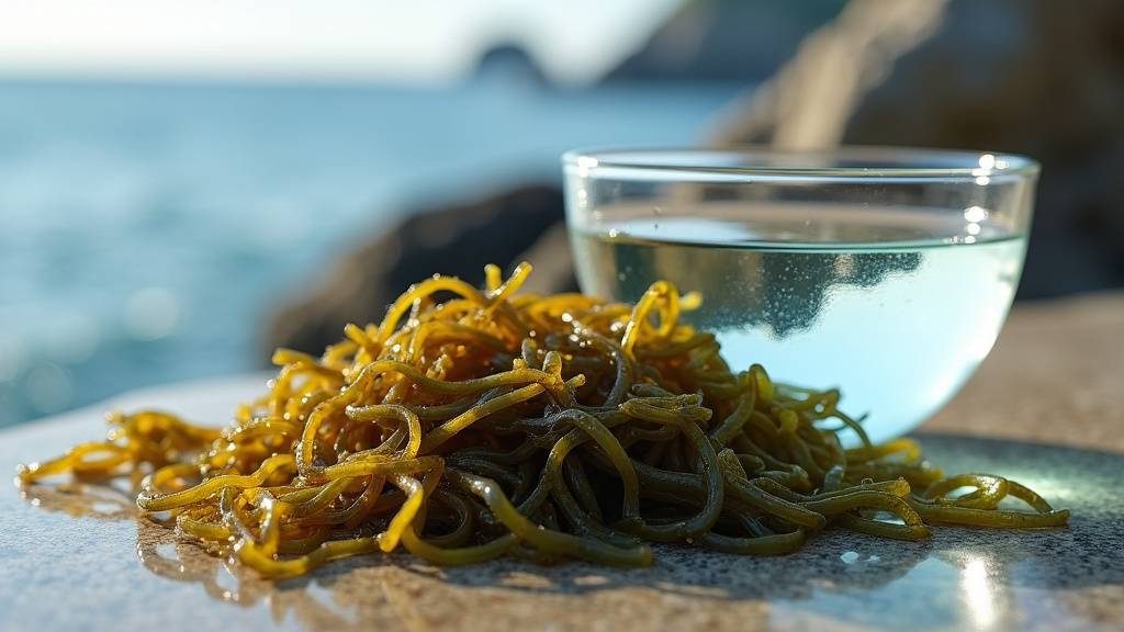 Bol avec des algues wakamé hydratées et une cuillère en bois