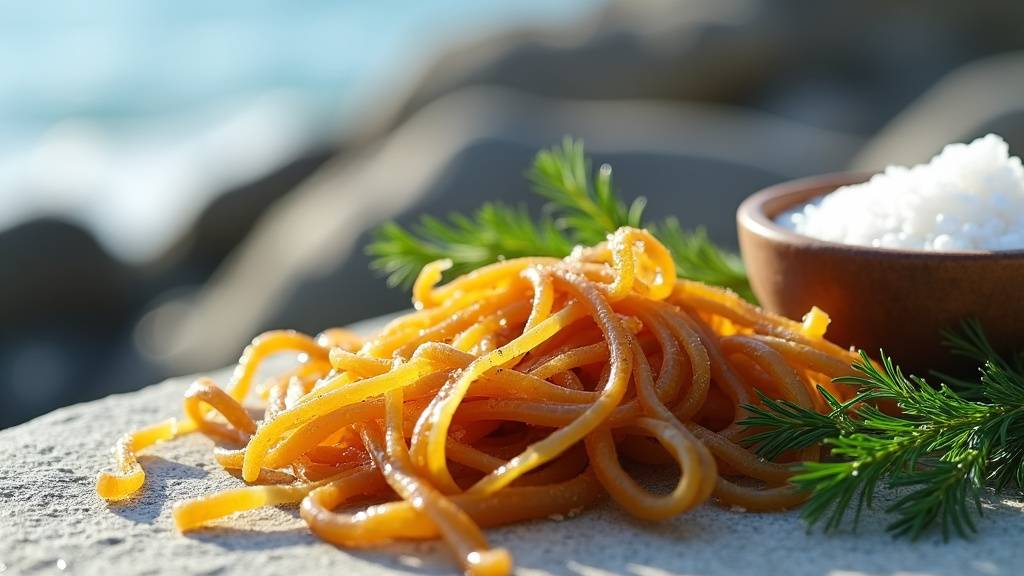 Assiette avec des algues brunes fraîches et sèches sur un fond marin