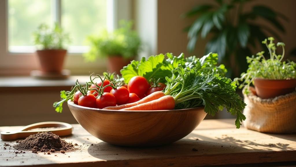 Panier en osier rempli de légumes et fruits bio variés sur une table en bois