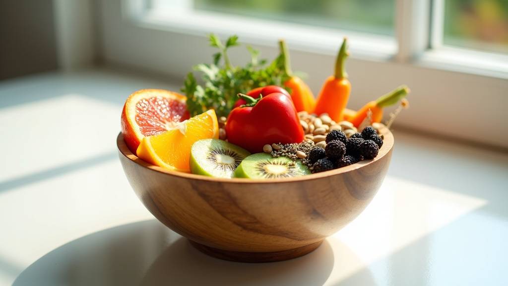 Bowl végétal coloré avec des légumes frais, des graines et des herbes aromatiques