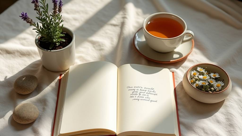 Femme dans un jardin avec des plantes apaisantes et une tasse de thé