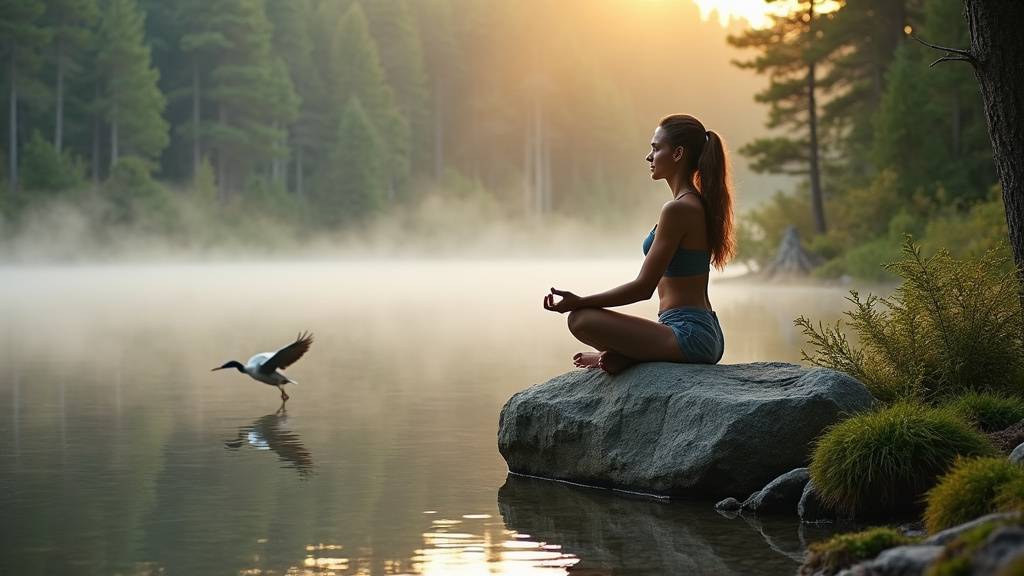 Personne pratiquant la méditation en pleine nature, entourée de plantes et de lumière naturelle