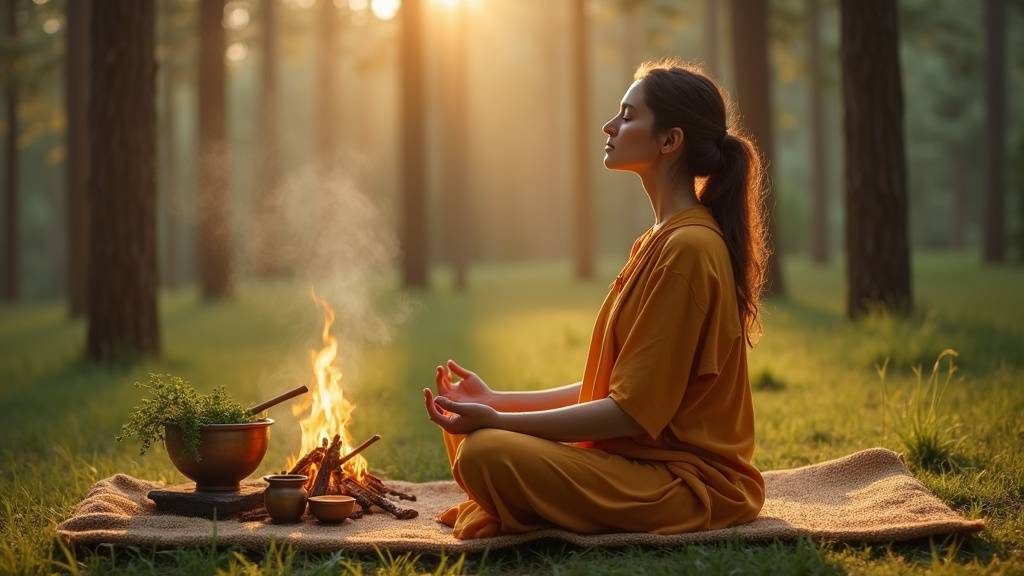 Assiette colorée avec des aliments ayurvédiques variés : légumes, épices, céréales