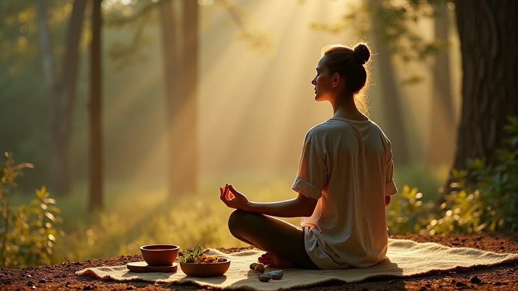 Femme pratiquant le yoga au lever du soleil dans un environnement naturel