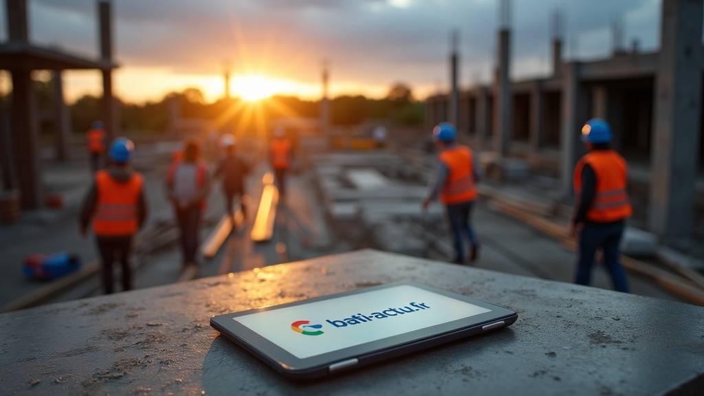 Équipe de professionnels du BTP consultant Bati-actu.fr sur tablette sur un chantier