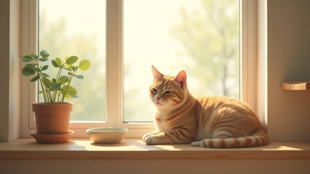 Chat gris persan regardant par la fenêtre avec un arbre à chat en arrière-plan