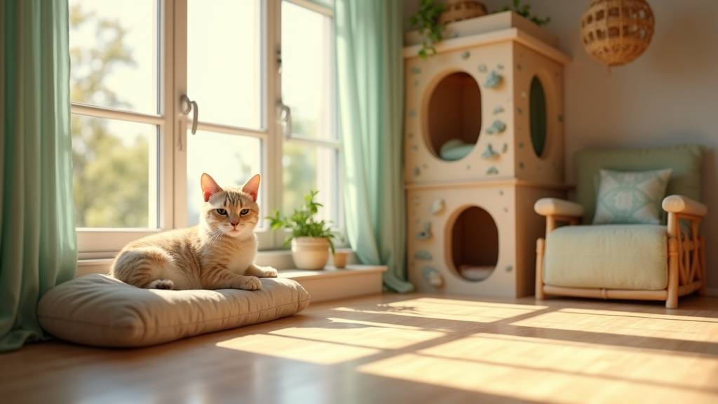 Chat noir et blanc jouant avec un jouet interactif sur un tapis en sisal