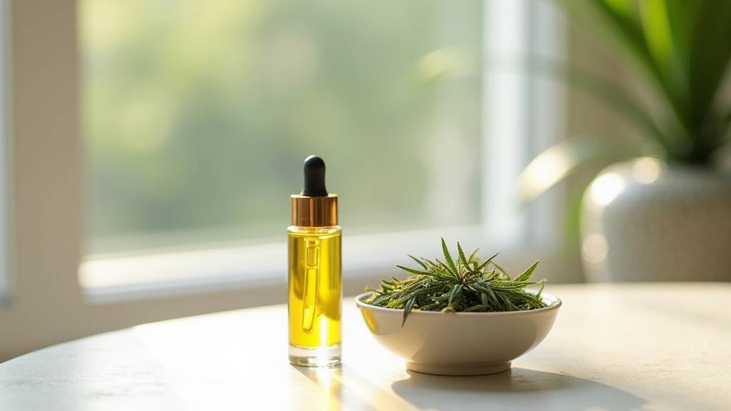 Bouteille d'huile de CBD avec gouttes sur fond bois clair