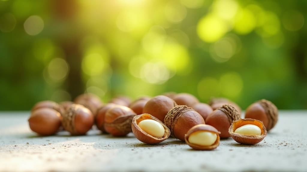 Main tenant une poignée de noisettes entières sur un fond en bois naturel