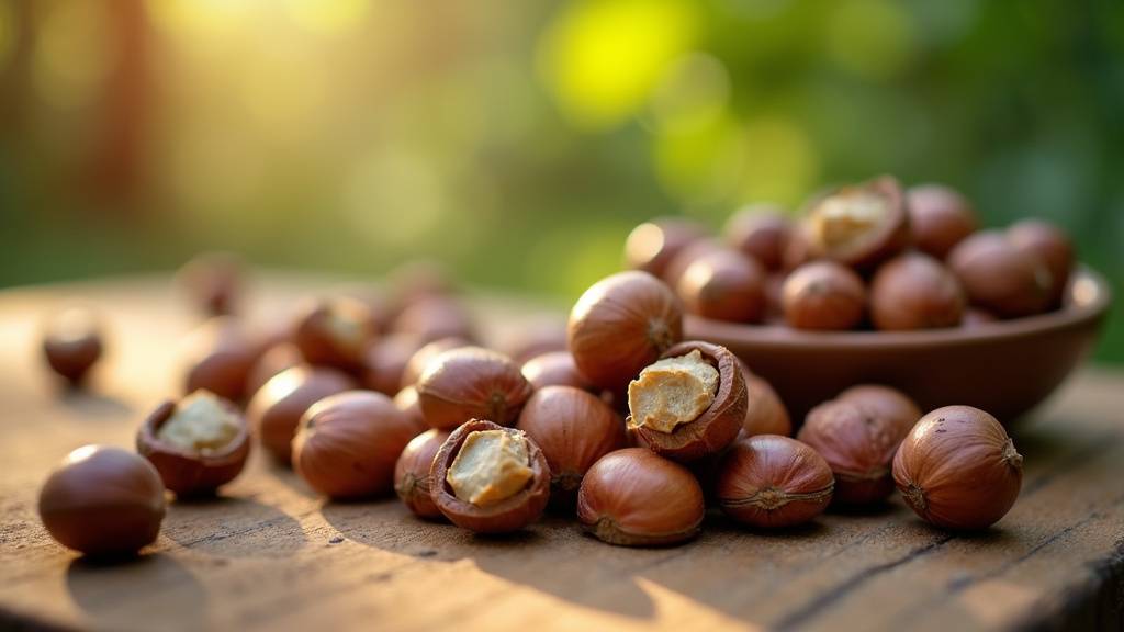 Huile de noisette dans un flacon en verre avec des noisettes entières à côté