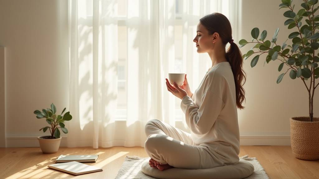 Femme pratiquant la méditation dans un espace lumineux avec plantes