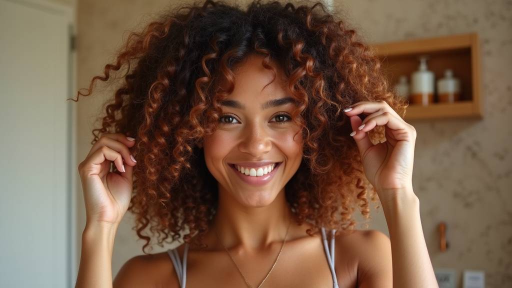 Flacon de gelée Boost Curl de Les Secrets de Loly sur fond bois clair avec des boucles définies en arrière-plan