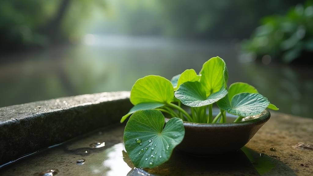 Routine beauté avec produits à base de Centella Asiatica sur une surface en bois clair
