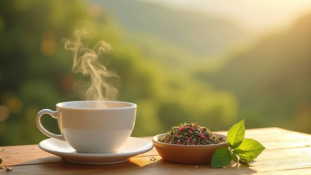 Thé vert bio dans tasse en céramique sur plateau en bois