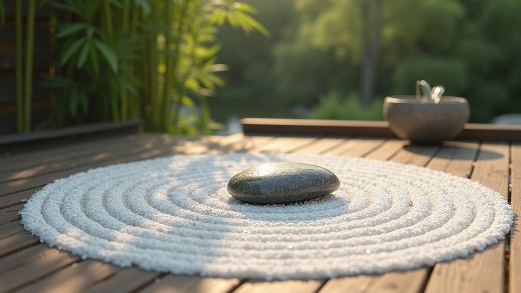 Composition épurée d'un jardin zen avec pierres naturelles, gravier blanc et plante verte en pot