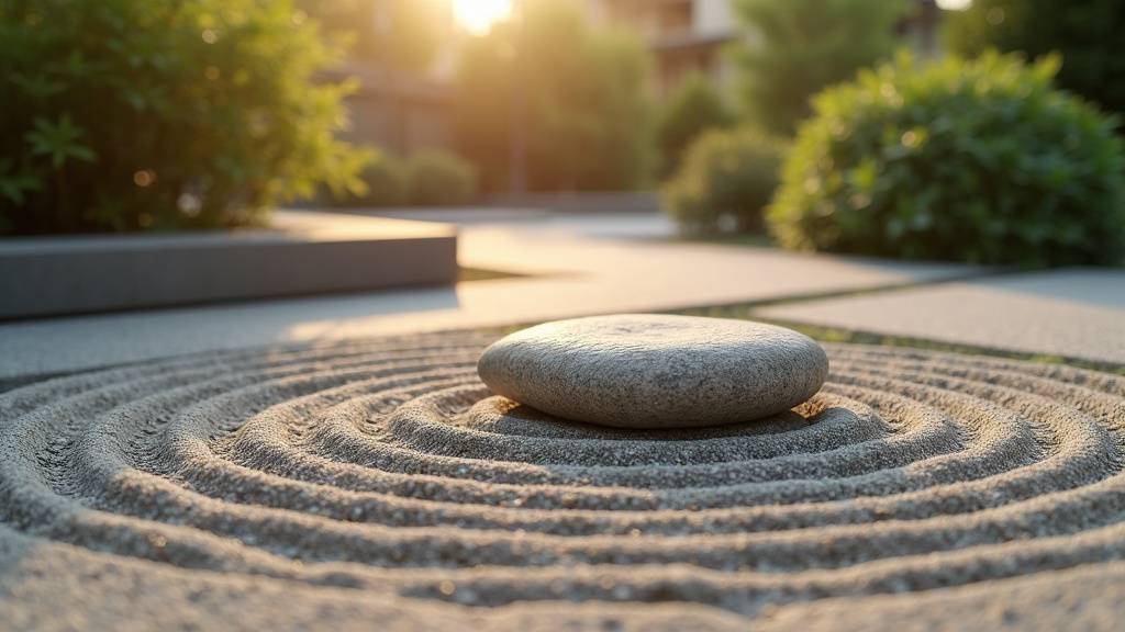 Jardin zen en saison avec érable du Japon en automne, compositions équilibrées avec pierres et végétaux
