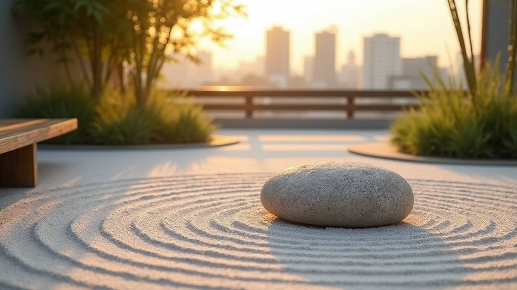 Vue aérienne d'un jardin zen avec gravier ratissé, pierres disposées harmonieusement et plantes épurées