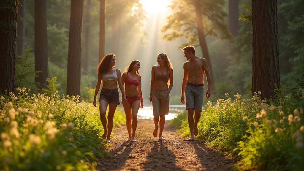 Groupe de personnes en tenue légère participant à une activité en pleine nature