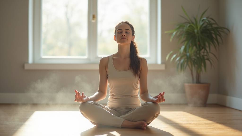 Femme pratiquant des exercices de respiration dans un parc verdoyant