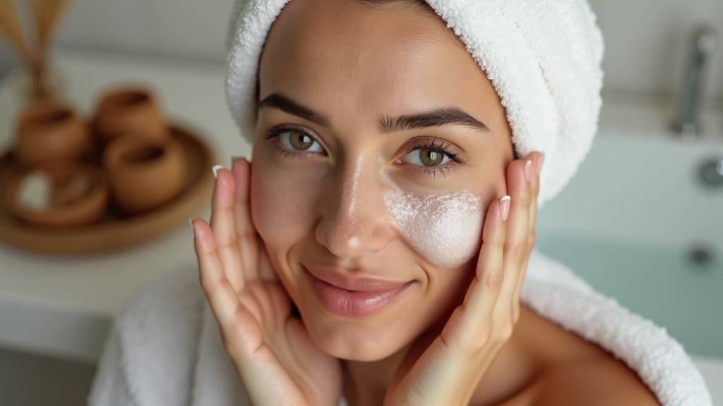 Femme appliquant un exfoliant sur son visage avec une peau rayonnante
