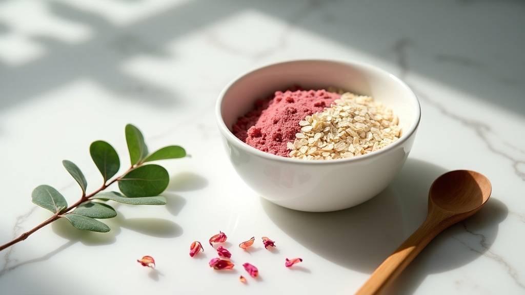 Collection de flacons et pots d'exfoliants visage aux textures variées sur un fond neutre