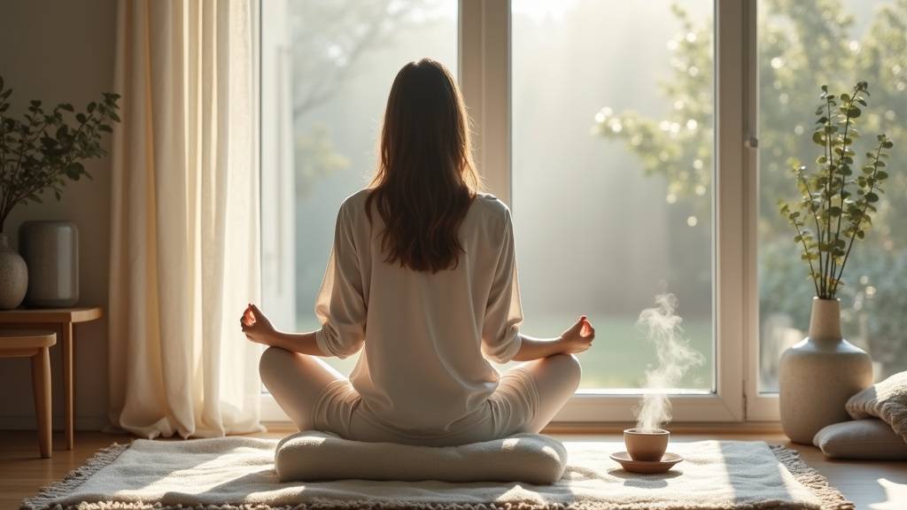 Espace de relaxation avec bougies, plantes vertes et tisane fumante