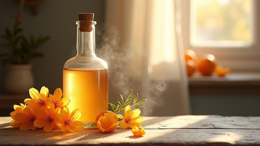 Flacon d'eau florale de fleur d'oranger sur fond bois clair avec des pétales d'oranger