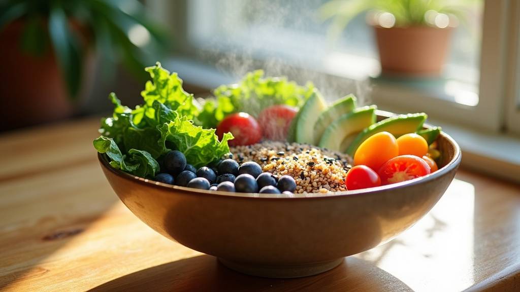 Assiette colorée de fruits et légumes frais avec des graines et des feuilles vertes