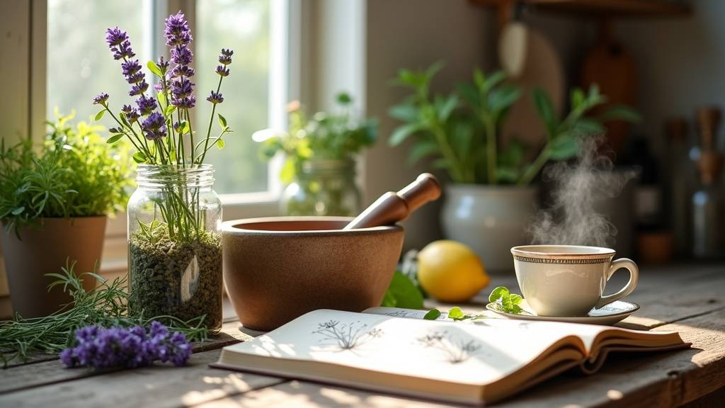 Composition de plantes medicinales et herbes sechees avec mortier en bois