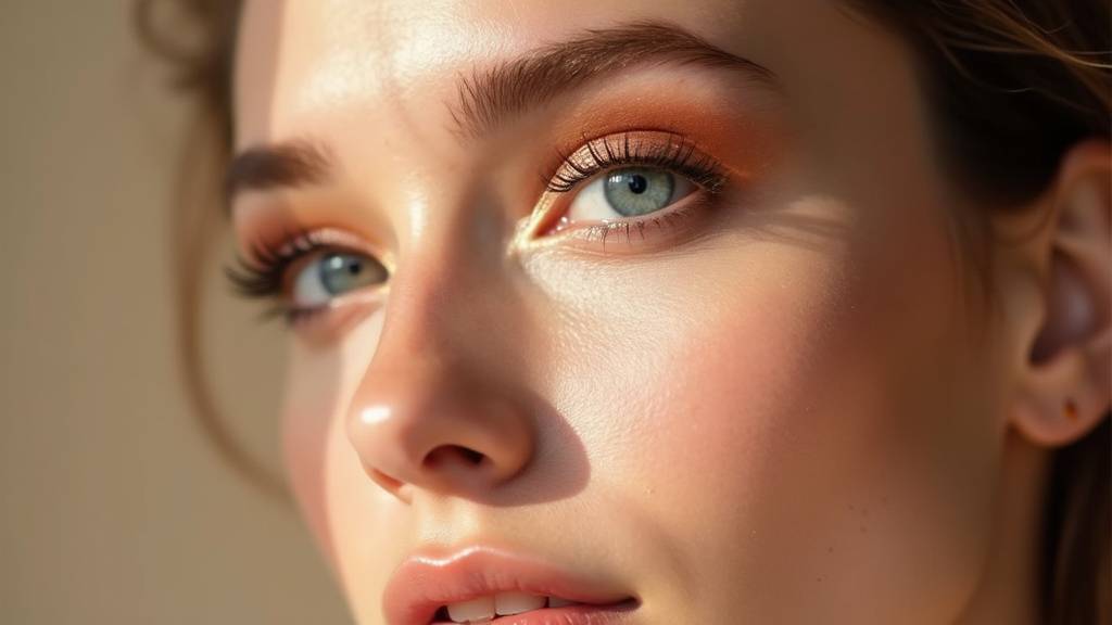 Look de soirée avec yeux bleus mis en valeur par teintes chaudes