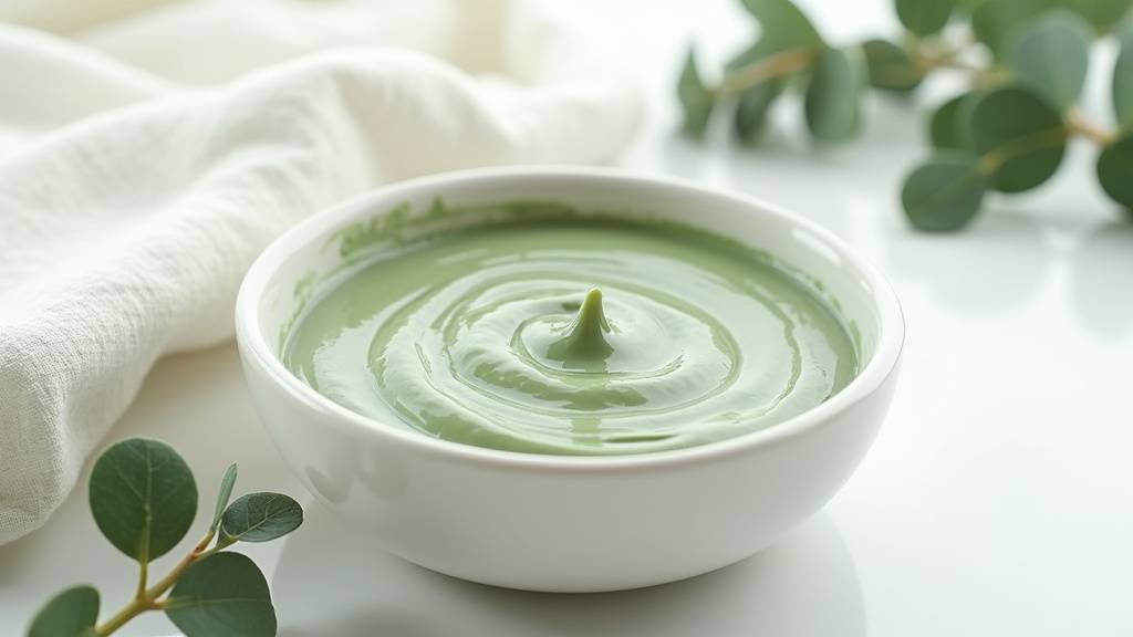 Masque purifiant en pot en verre posé sur une surface en marbre avec ingrédients naturels autour