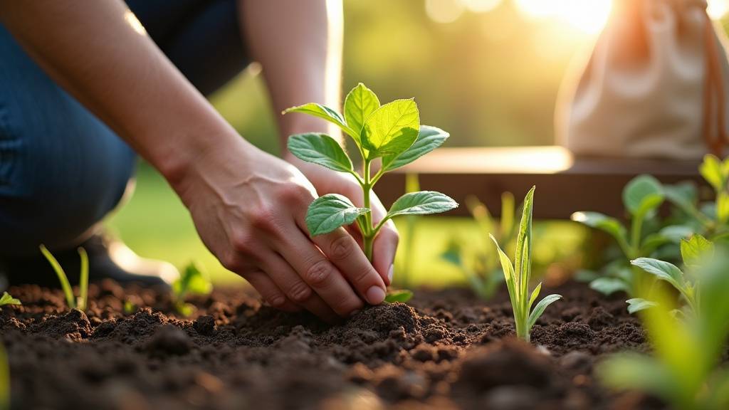 Personne dans un potager urbain avec des légumes bio et des bocaux de produits naturels