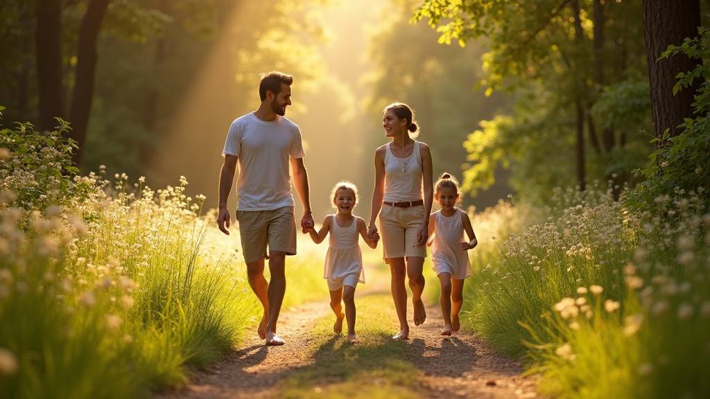 Enfants et parents nus dans une clairière, en train de faire un pique-nique sur une nappe colorée