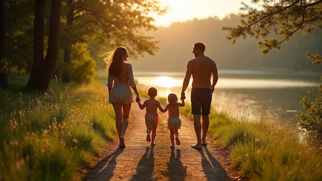 Famille naturiste souriante en forêt, pieds nus sur la terre, enfants jouant librement