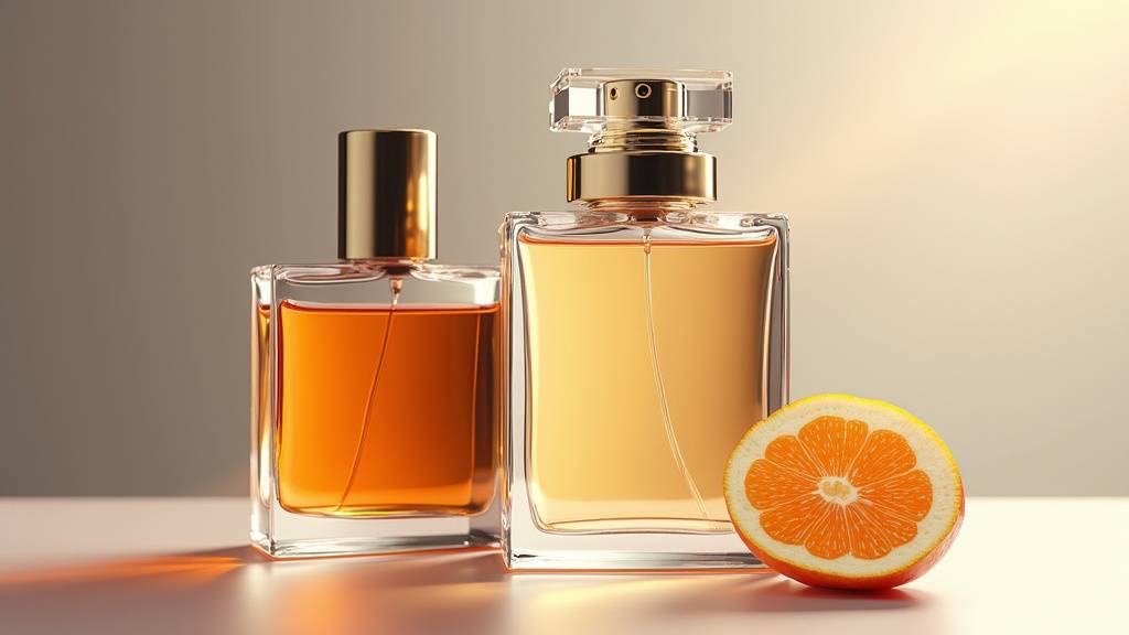 Flacon de parfum de niche sur fond noir avec des notes olfactives en arrière-plan
