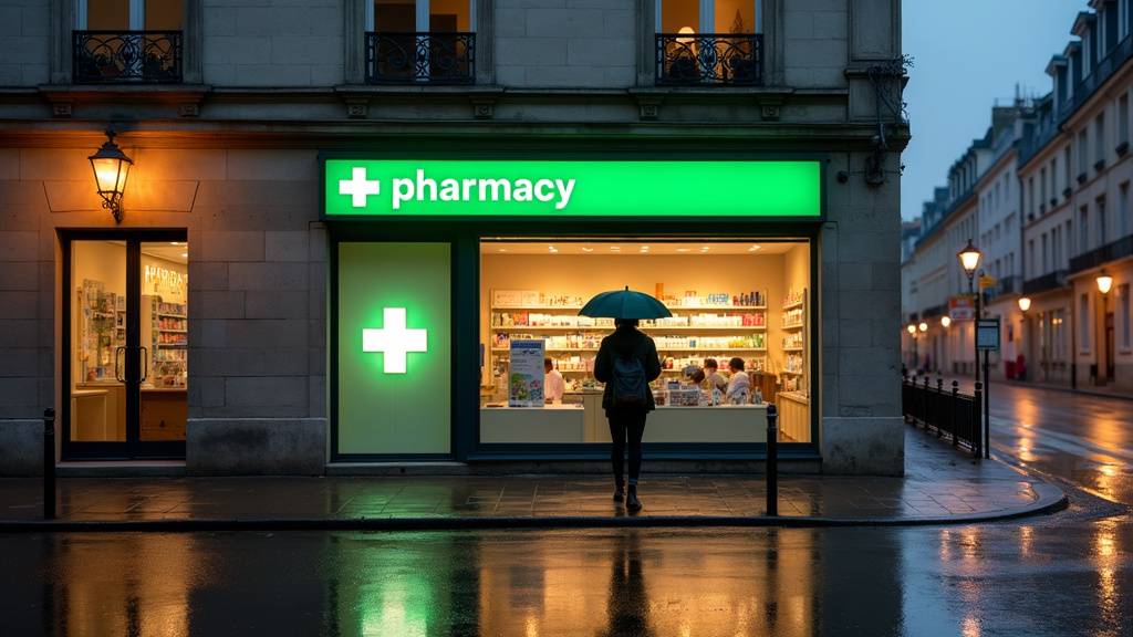 Pharmacie moderne à Mantes-la-Jolie avec enseigne lumineuse et vitrine bien organisée