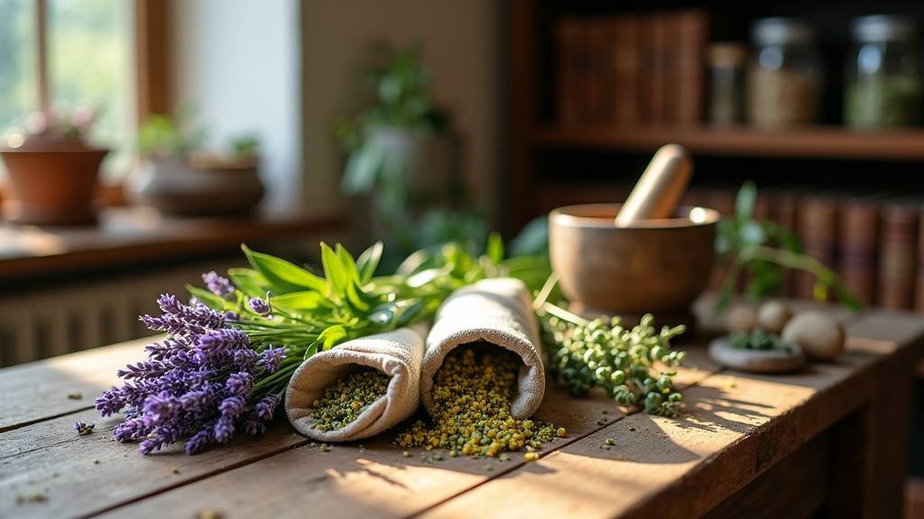 Jardin de plantes médicinales avec variétés de feuilles, fleurs et racines séchées
