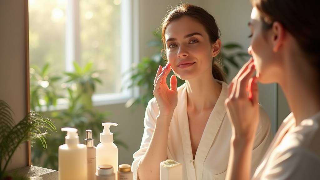 Gros plan sur une femme observant attentivement sa peau dans un miroir