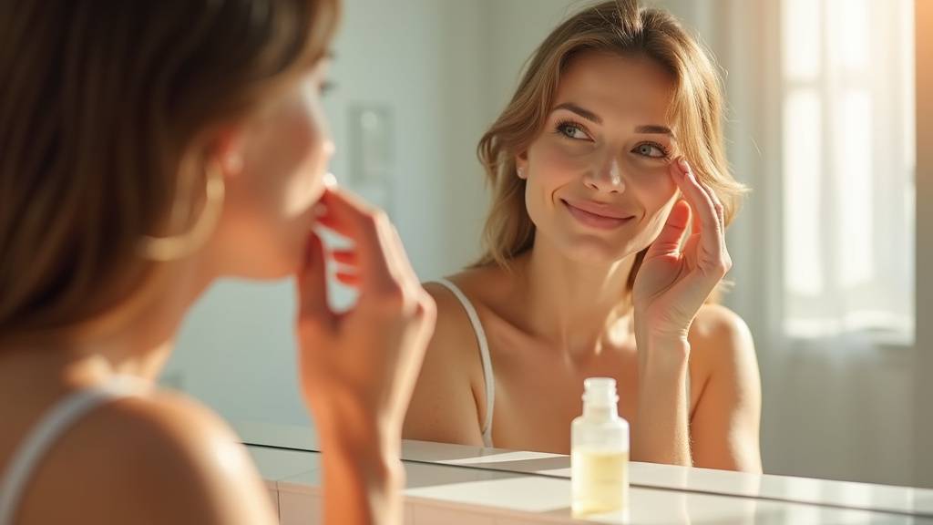 Femme souriante avec une peau éclatante, appliquant un sérum sur son visage