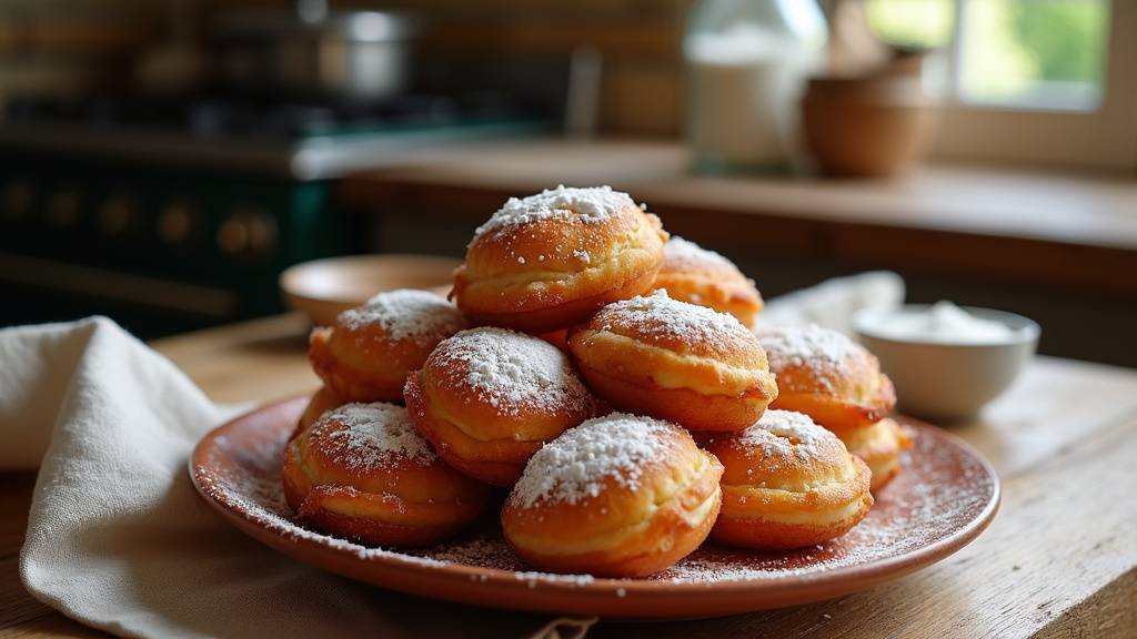 Assiette de merveilles du Sud-Ouest saupoudrées de sucre glace sur un fond en bois ancien