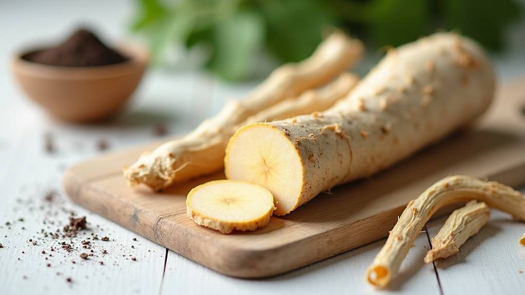 Racine de réglisse séchée et poudre de réglisse dans des bols en bois