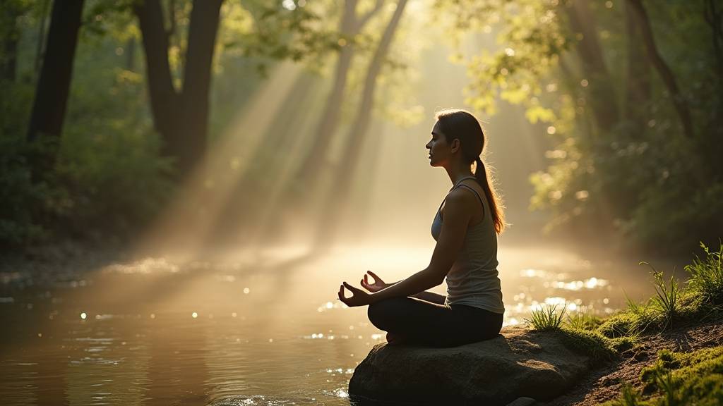 Personne méditant, les yeux fermés, dans une posture de calme et de sérénité, en pleine nature.