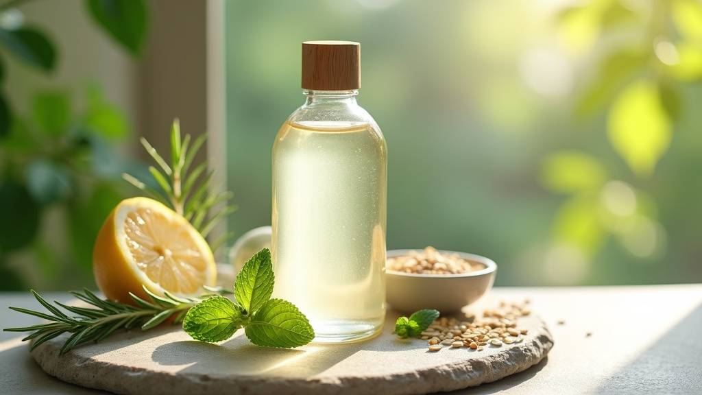 Shampoing naturel sans silicone, sulfate ni paraben dans un flacon en verre sur fond bois clair