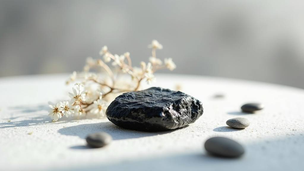 Résine noire de shilajit dans un flacon en verre sur un comptoir de pharmacie