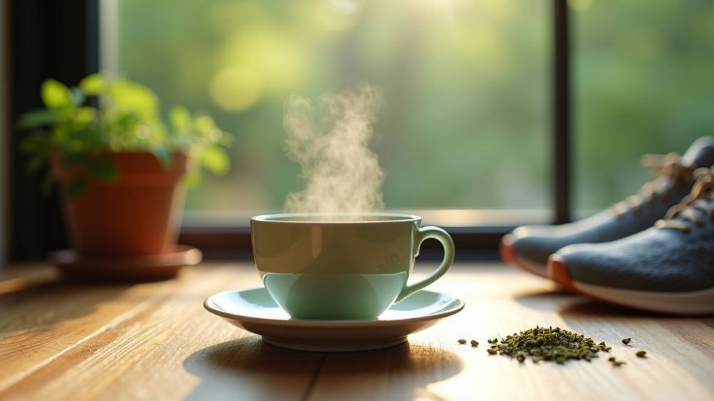 Feuilles de thé vert séchées dans un bol en bois sur fond nature