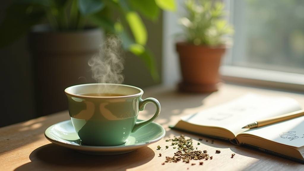 Théière en céramique avec infusion de thé vert sur fond nature