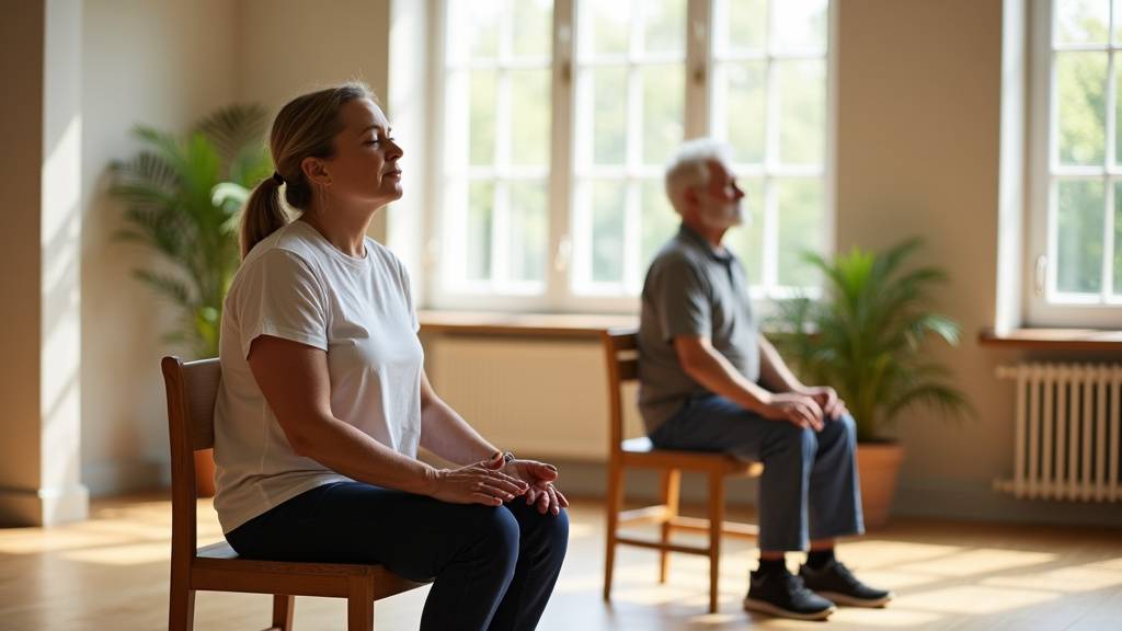 Bureau d'entreprise avec employé pratiquant le yoga sur chaise pendant une pause