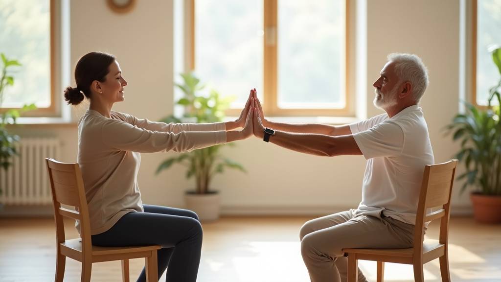 Personne âgée pratiquant le yoga sur chaise dans un salon lumineux