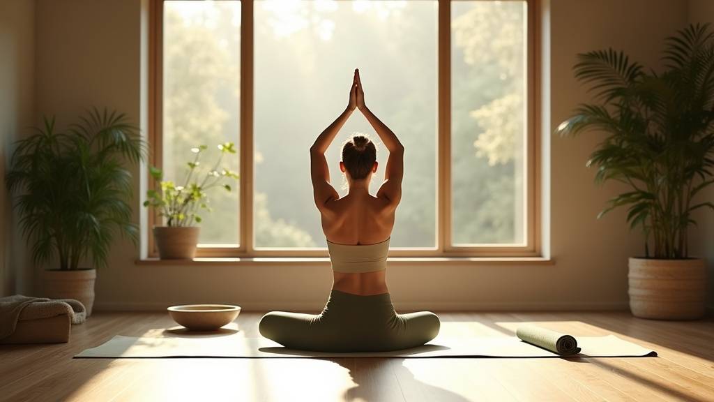 Pratiquante en yoga dans un studio YUJ avec lumière tamisée